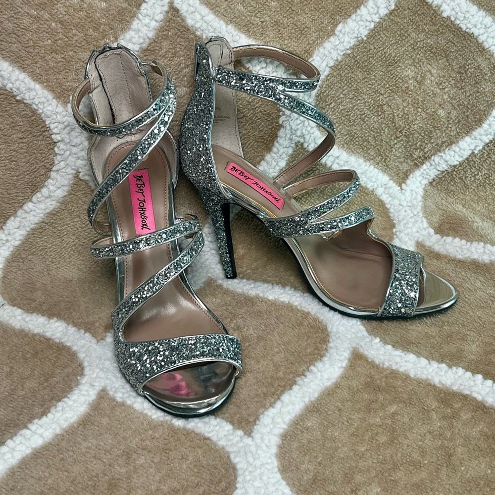 Betsey Johnson Metallic Silver Glitter Strappy Stiletto Heels